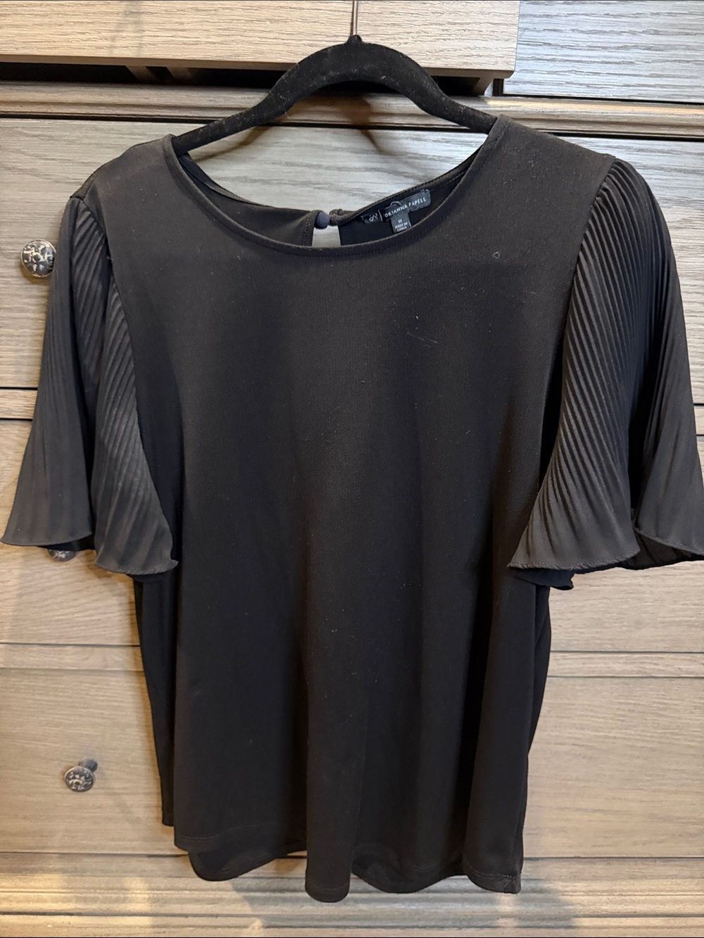 Adrianna Papell Black Knit Top with Pleated Flutter Sleeves